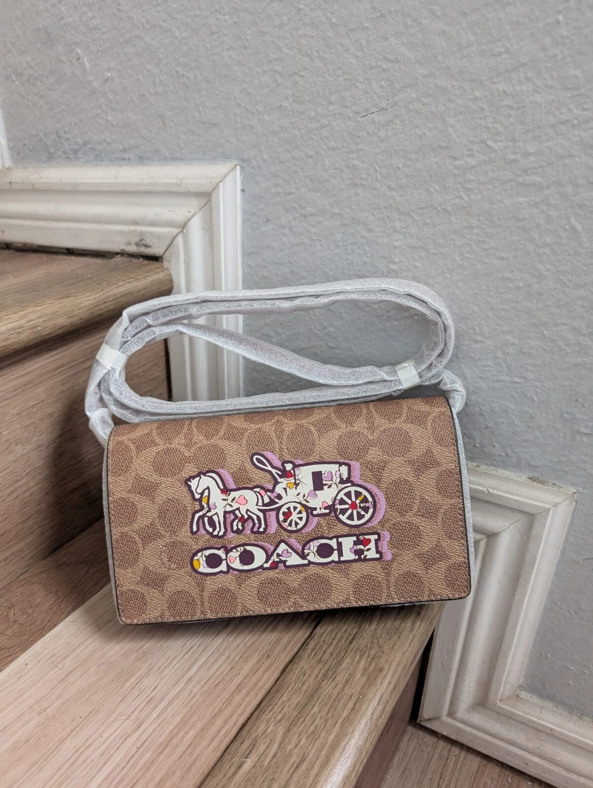 Tracolla pieghevole Coach CX597 Anna Horse&Carriage firmata tela rivestita nuova con etichette