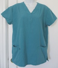 Scrub Top Shirt V-Neck Unisex Sz S Greentown Workwear Solid Teal 2 Pockets Loop