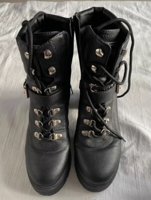 GUESS Canaly Lug Sole Block Heel Combat Boots Black Women's Sz Buckle  Accent