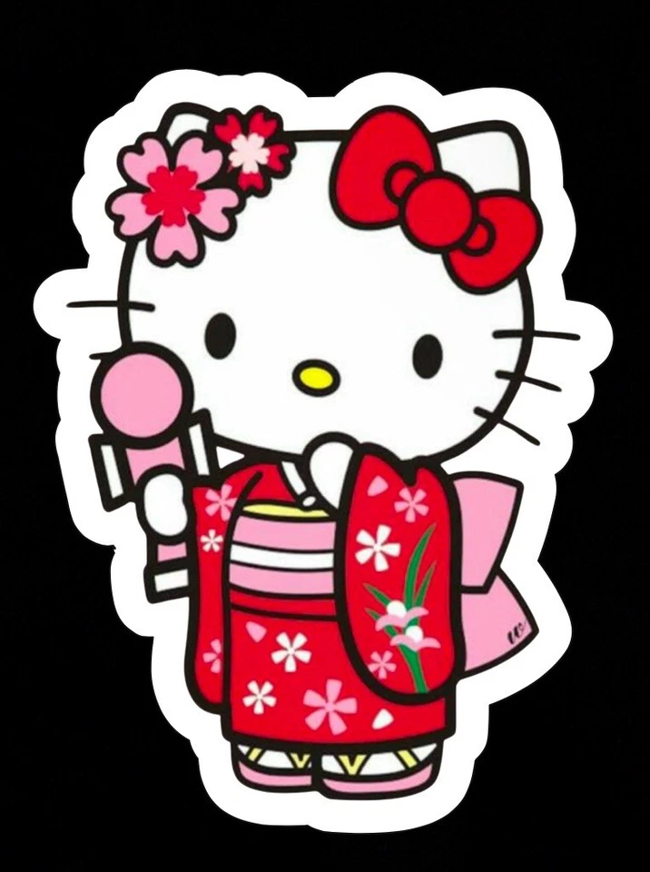 Gatito Gato, Kawaii Lindo Kimono Japonés Adorable Hola Brillante Vinilo Adhesivo Calcomanía Foto 2 de 2