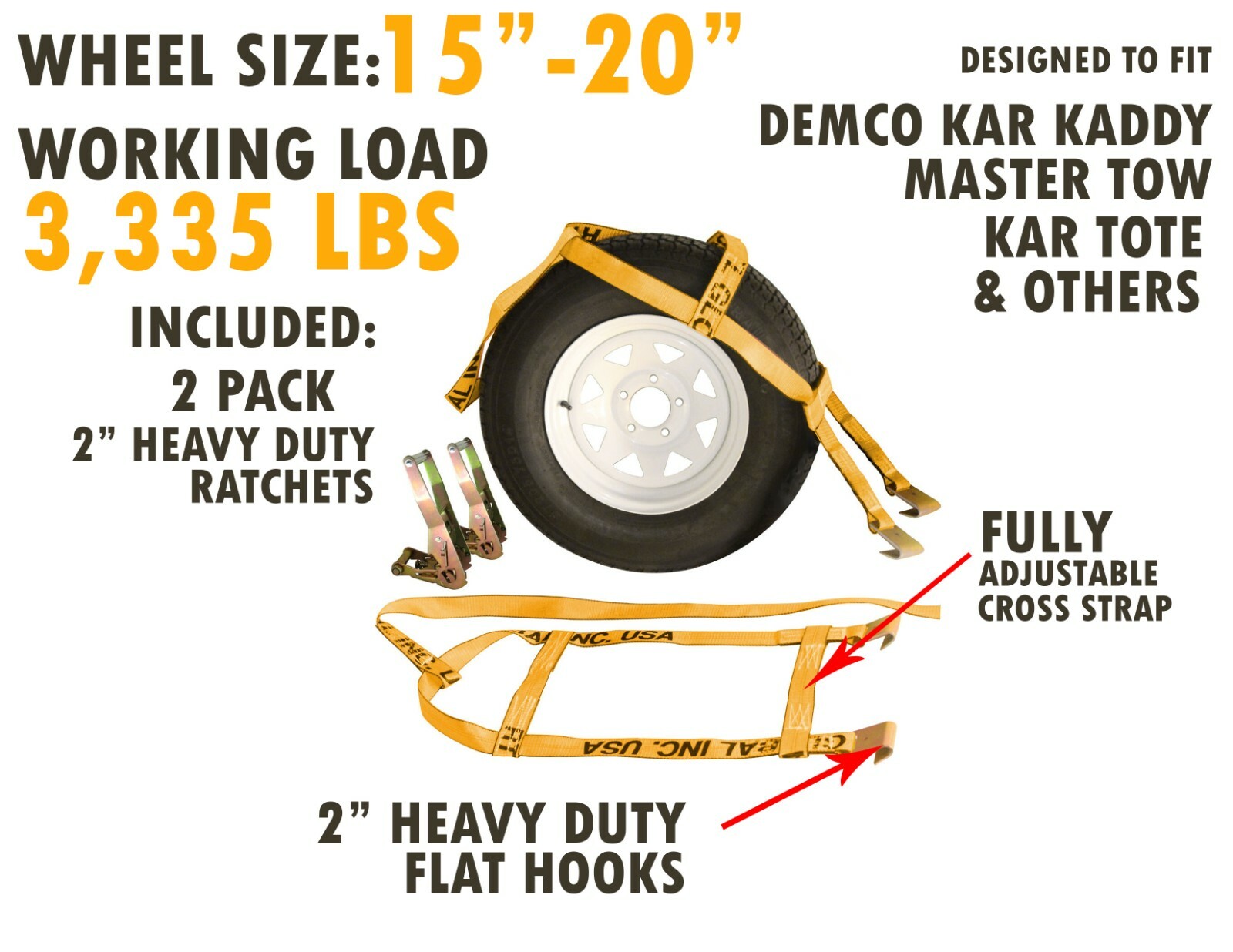 Two (2x) Orange Demco Kar Kaddy Tow Dolly Straps Rugged Weave w/Hook &2
