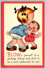 Vintage Postcard Humor Funny Cartoon Little Girl Blowing Little Boy's Nose Linen