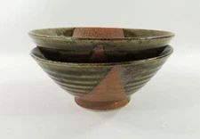Textured Artisan's Pottery Bowls Brown & Smooth Glazed Green  7" Set of 2