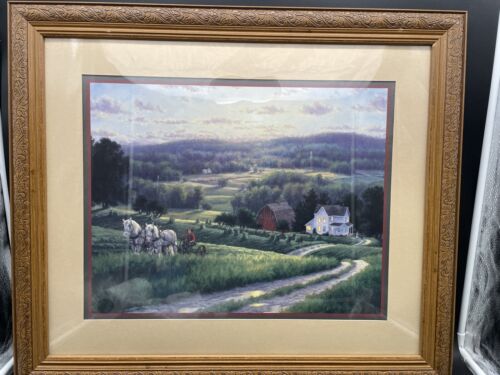 Hallmark print Farmhouse, Barn, Farmer Haying With Horses ￼framed 28 x 23.5” - Picture 1 of 5