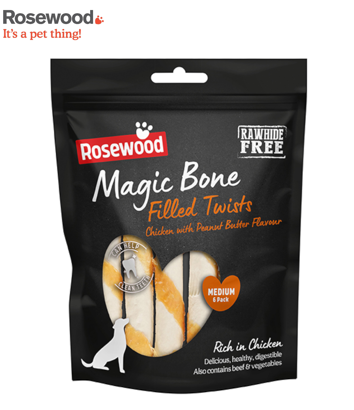ROSEWOOD MAGIC BONE FILLED TWISTS CHICKEN W PEANUT BUTTER DOG CHEW TREATS 6PCS
