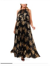 NWT MSK Women Black Gold Foil Floral Print Halter Dress All Over Pleats Sz 8