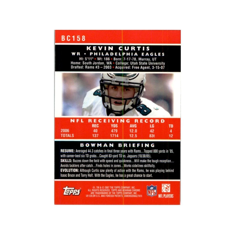 2007 Bowman Chrome Kevin Curtis Football Cards #158 - Image 2 of 3