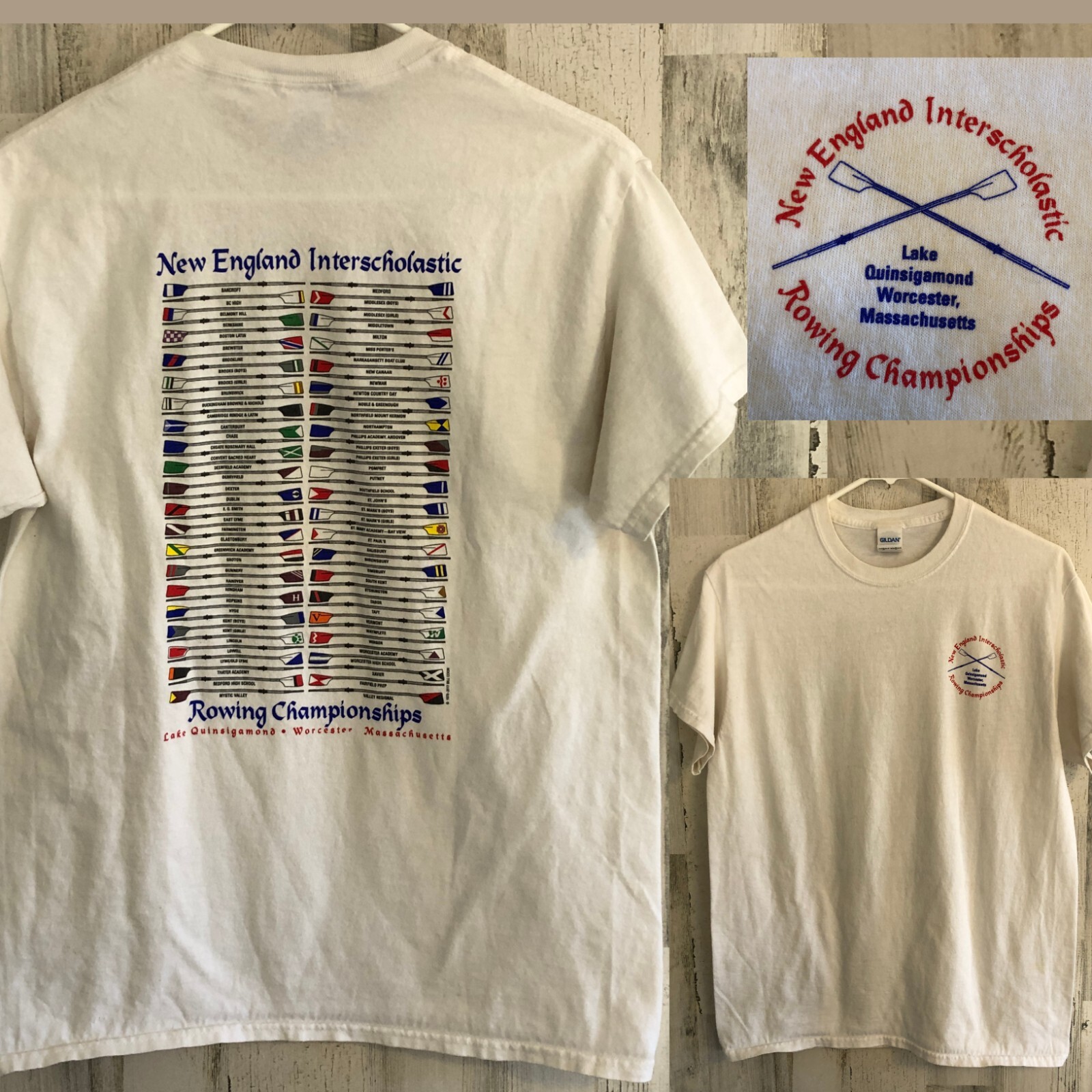 FILA T shirt bianca vintage New England campionati interscolastici di canottaggio taglia M GILDAN