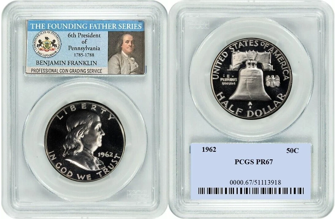 PCGS Certified PR 67 Graded 1962 Franklin Half Dollars (1948-1963