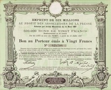 ASSOCIATIONS DE LA PRESSE - EMPRUNT DE DIX MILLIONS - BON EMIS A 20 FRANCS 1887