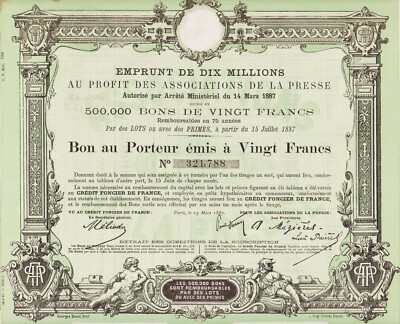 PRESSEVERBÄNDE - LEIHE VON ZEHN MILLIONEN - GUTSCHEIN A 20 FRANCS 1887