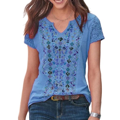 Women V Neck Floral Tops Ladies Summer Casual Short Sleeve Loose T-shirt Blouse - Picture 7 of 48