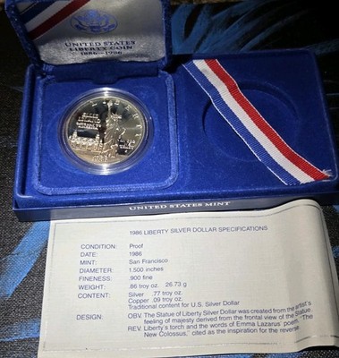 1986 Statue Of Liberty Ellis Island Silver Proof Dollar w/Box + COA ~ Mint