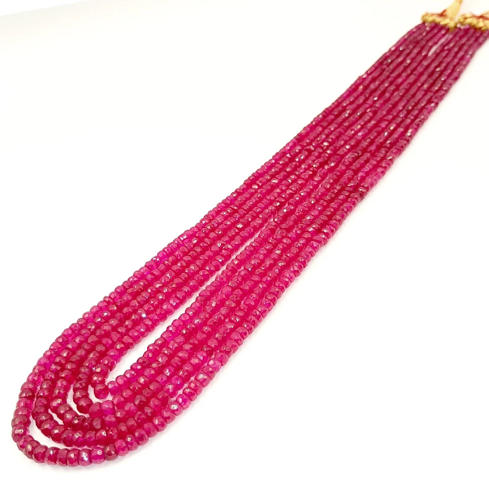 Ruby Beaded Necklace,3-5mm Faceted Rondelle Beads Necklace, 5 Strand Necklace - Image 3 of 4