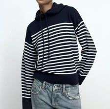 Zara Navy and White Striped Hoodie Sweater Size Large