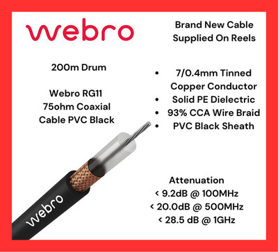 Webro Cabnex RG11 75 Ohm Koaxialkabel PVC schwarz Amateurfunk Neu 200m Rolle