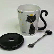 Black Cat Tail Handle Ceramic Mug W/ Cat Head Spoon & Lid 8 oz EUC