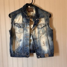 Women  s Guess Jeans Fitted Denim Y2K Button Up distressed Vest Medium