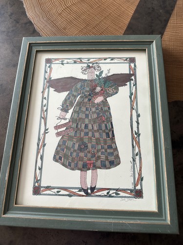 DEB STRAIN PRIMITIVE FOLK ART SIGNED “HERBS FOR SALE” FRAMED 1996 10” X 13”