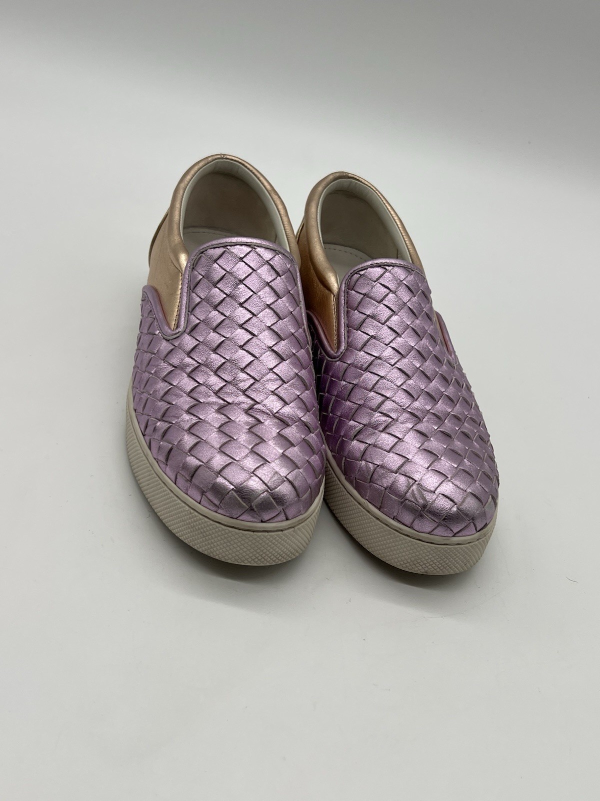 Bottega Veneta Womens Purple Gold Woven Leather Shoes Size 39.5 US 9.6