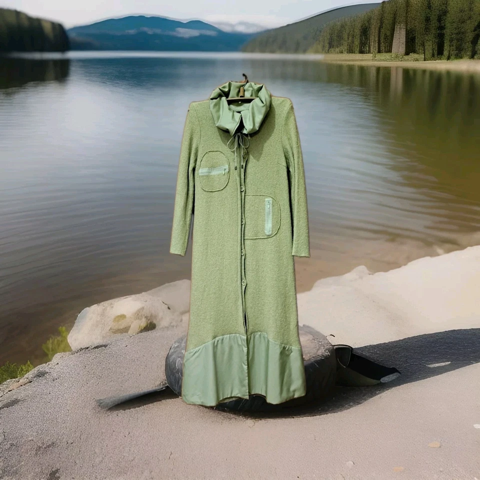 Neslay Womens Cardigan Wool Blend Green Olive Long Maxi Designer Coat Size XS - Image 3 of 4