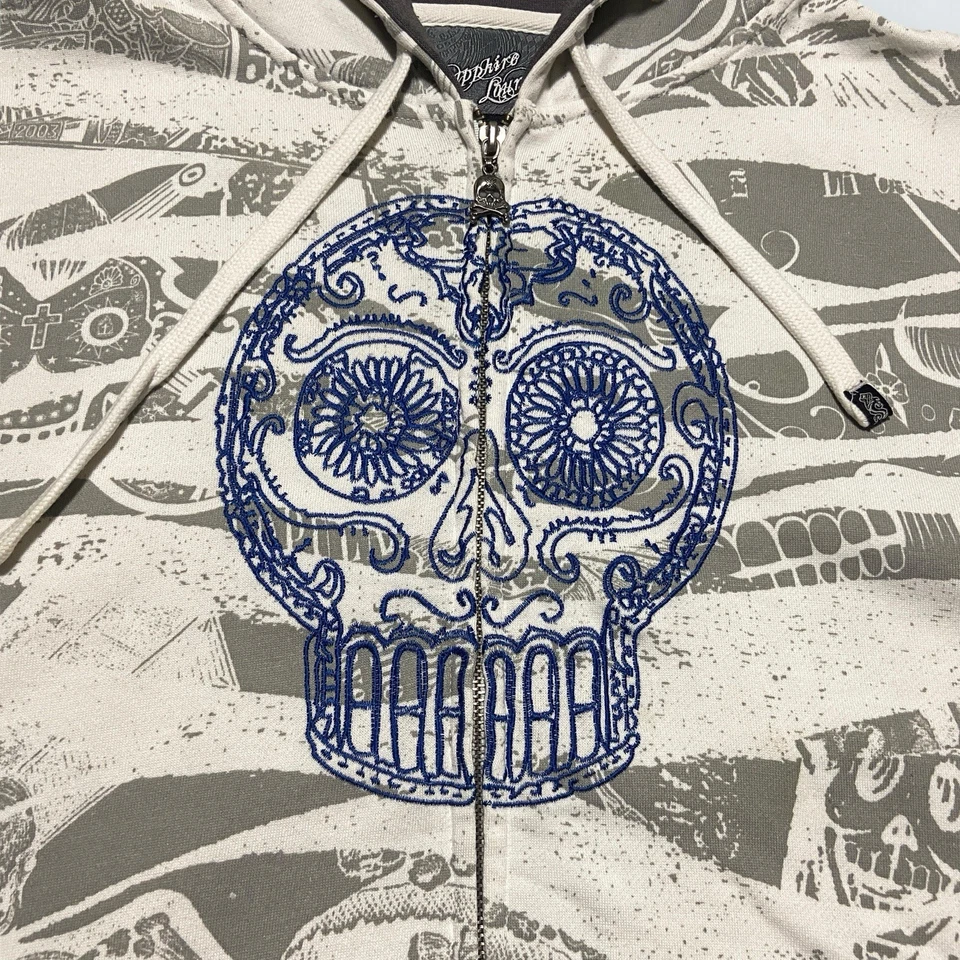 Sudadera con Capucha Salón Zafiro De Colección Para Hombres M Blanca Cremallera Completa AOP Calavera de Azúcar Tribal Y2K Foto 2 de 4