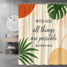 Modern Boho Shower Curtain with Green Leaves and Red Accents