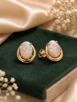   925 Sterling Silver Gold Plated Pear Opal Stud Earrings 