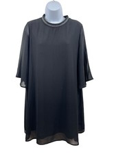 Zara Basic Black Sheer Line Short Sleeve Silver Sparkle  High Neck Mini Dress L