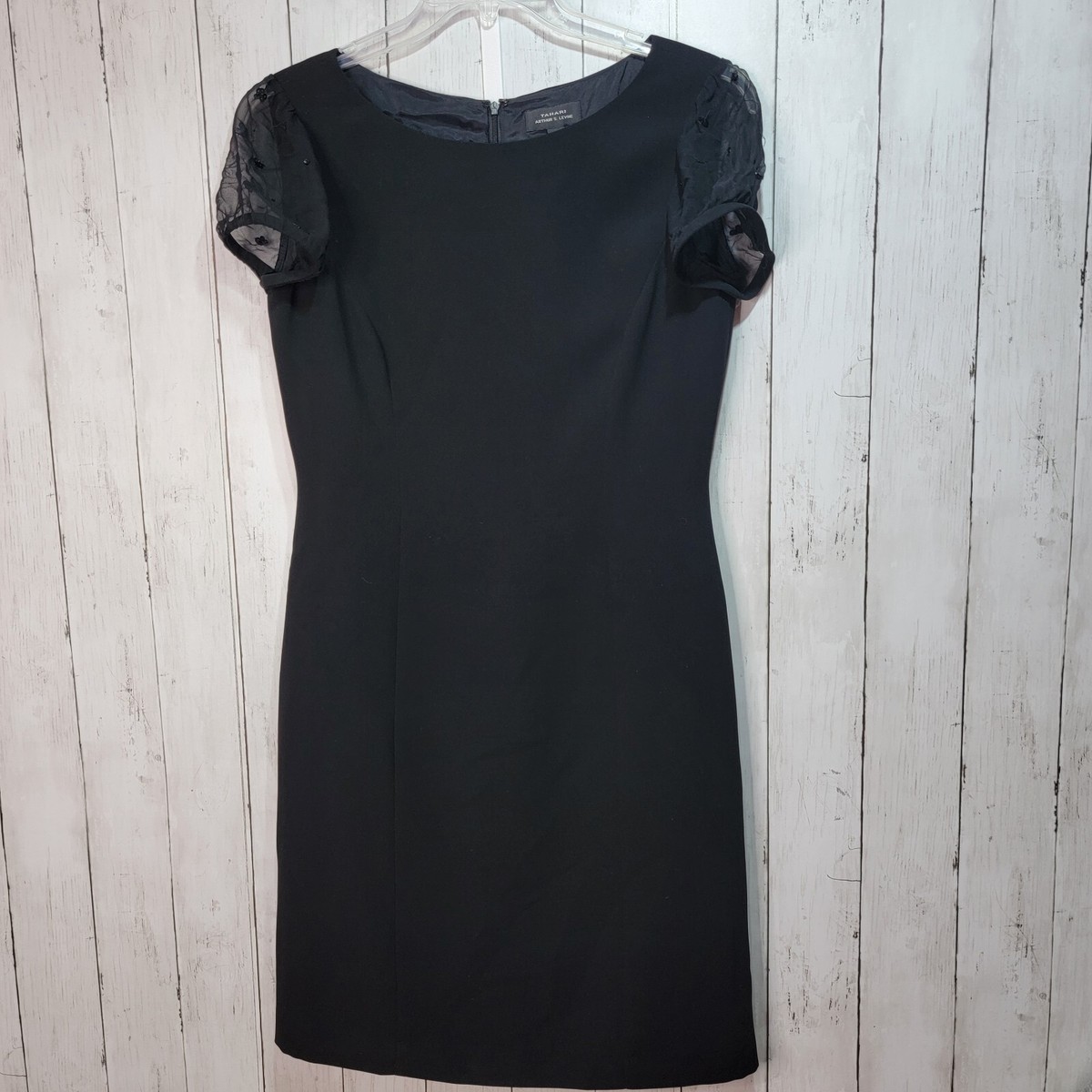 Tahari ASL Women's Size Black Sheath Dress Silk Puff Sleeve Zip Closure  Lined