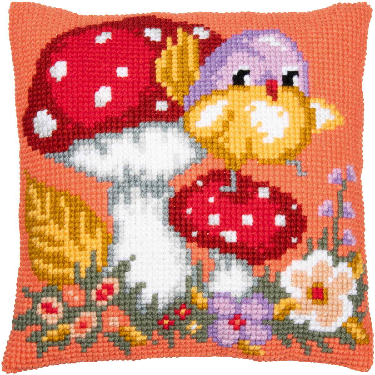 Vervaco stamped cross stitch kit cushion ""Bird on Mushroom"", 40x40cm, DIY