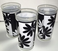 3 VINTAGE RETRO DAISY DRINKING GLASSES Flower Power Black  White