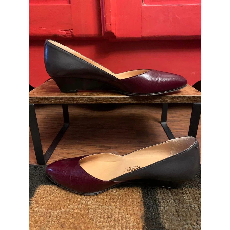 Andrew Geller Talla 5.5 AA Hecho en Italia Tacón de Cuña Gris Borgoña Zapatos Elegantes Usados en Excelente Condición Foto 2 de 4