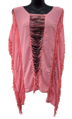 Pink Batwing Shirt Shredded Fringe Blouse Women's Size S (Fits M) Sheer Top, NEW