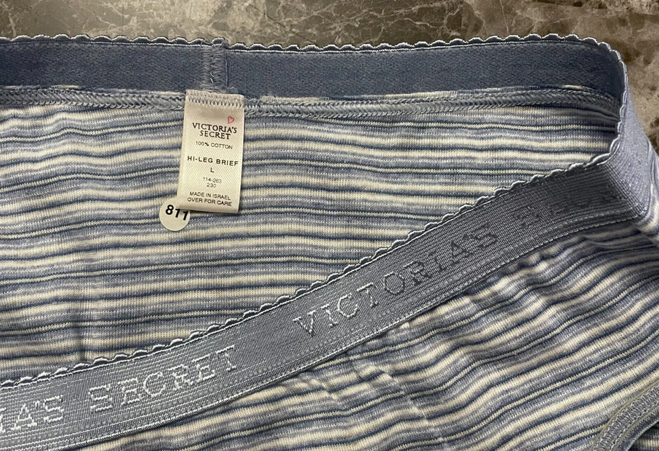 VICTORIA'S SECRET L BLUE STRIPE 100% COTTON VINTAGE RARE HI LEG BRIEF PANTIES - Image 2 of 4
