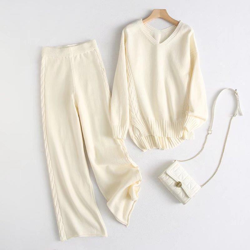 Pullover Sweater Wide Leg Pants Two Piece Suit