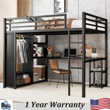 Queen Size Loft Bed with Wardrobe &Desk &Storage Shelves Metal Bed Frames Black