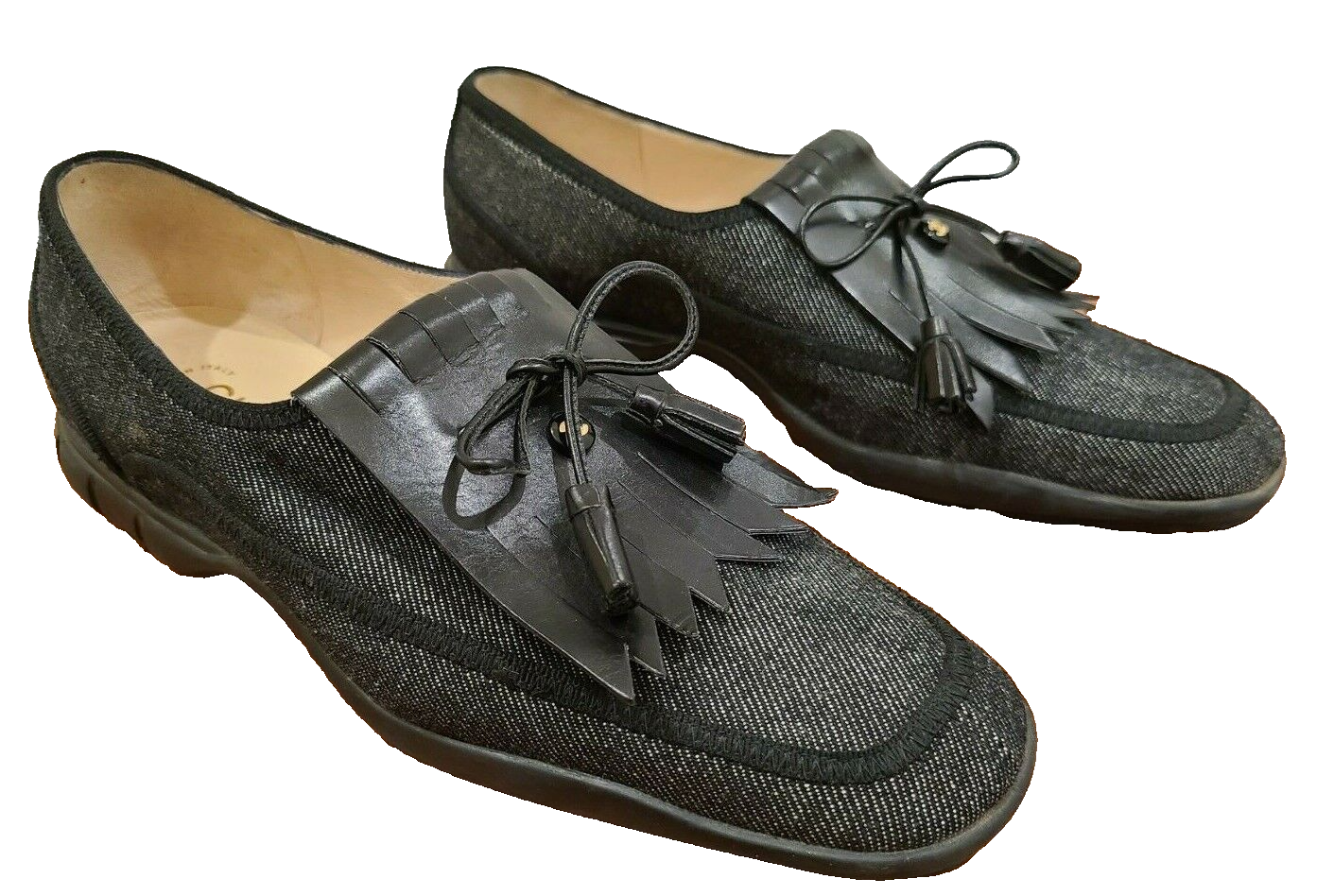 SAOLA Scarpa comoda CHANEL denim nero e pelle nera bordo Oxford con suola in gomma