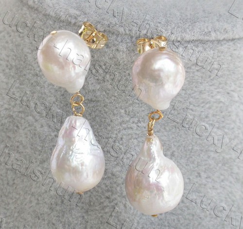 natural Dangle 15mm Baroque white Reborn keshi pearl Earrings 14K gold hook c666