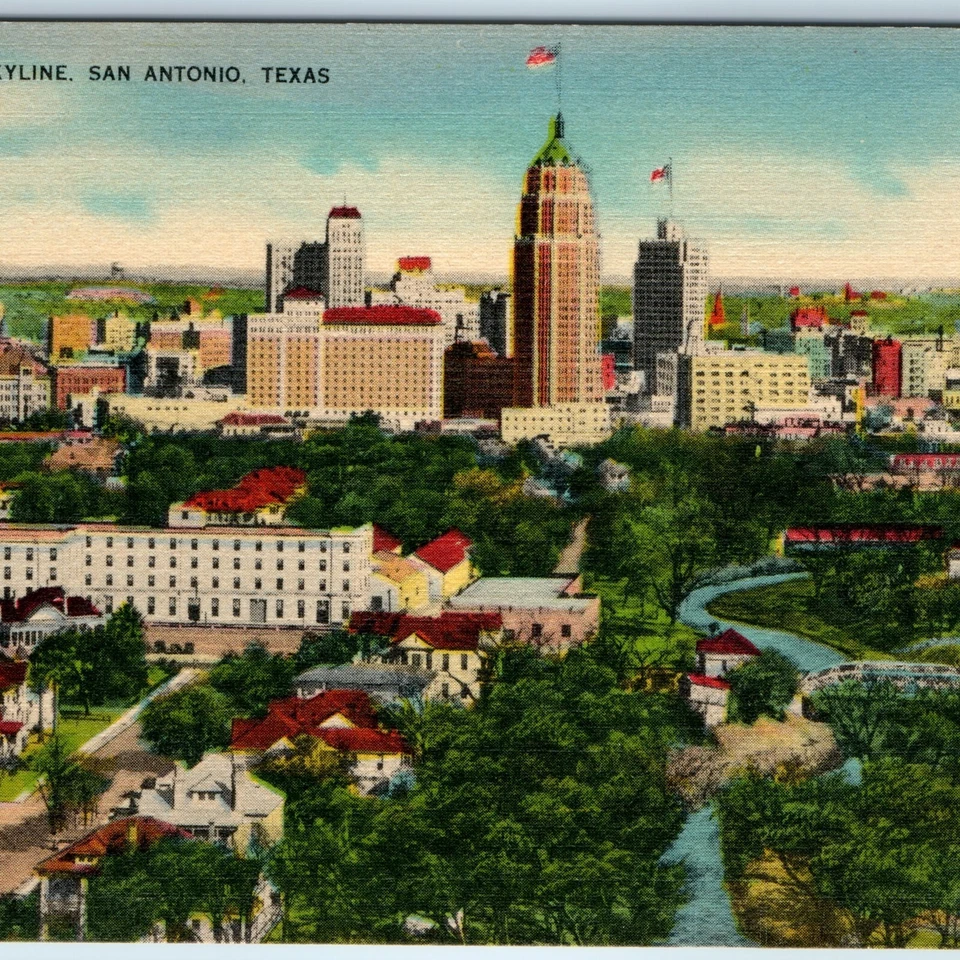 C1940s San Antonio, TX Downtown Skyline Bonita Lino Litografía Postal Color Tex A221 Foto 2 de 3