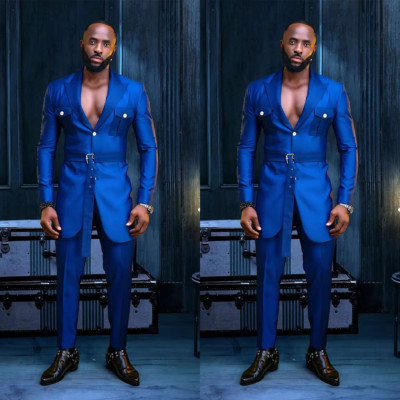 Royal Blue Satin Men's SuitS Peak Lapel with Belt Wedding Party Prom Coat  Pant | eBay