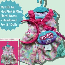 My Life Floral Lace Hot Pink  Mint 18" Doll Dress  Headband Fits American Girl