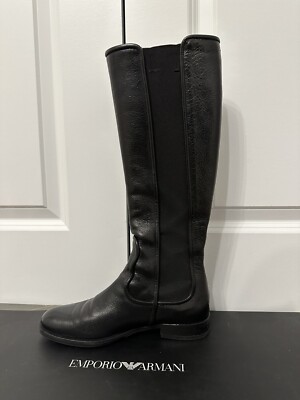 Emporio Armani Womens Leather Knee High Boots Black Size 37.5