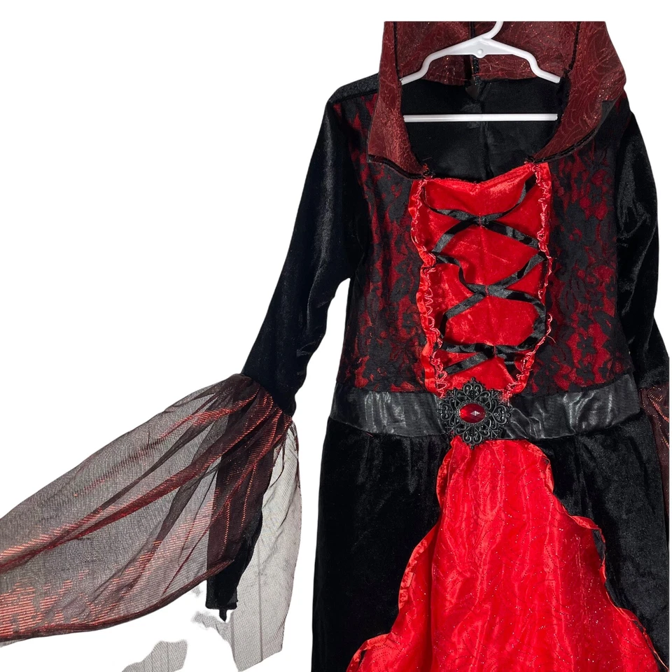 Vestido Vampiro Niñas Mediano Rojo Negro Mangas Veladas Cuello Pecho 26 Largo 40 Foto 2 de 4