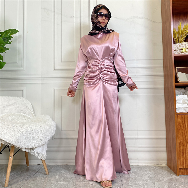 Women Full Cover Long Abaya A Line Satin Muslim Dress Islamic Robe Hat main image 1
