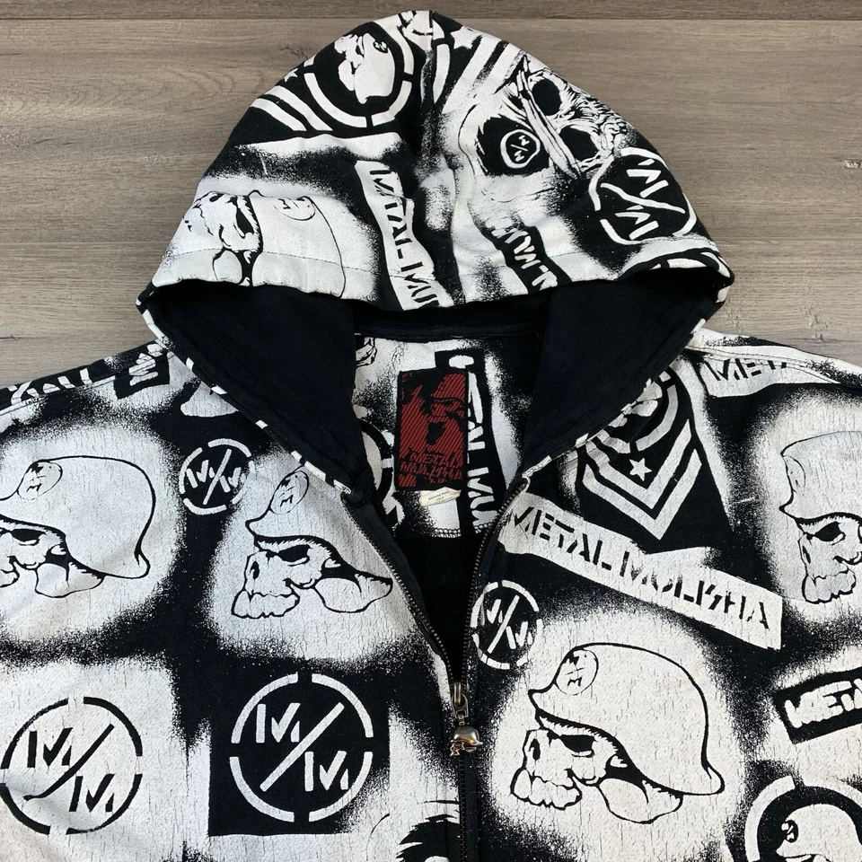 Moletom com capuz vintage Y2K metal mulisha estampa por toda parte zíper completo masculino XXL branco - Imagem 3 de 4