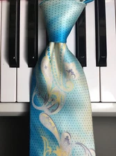 STACY ADAMS / Vintage Aqua, White & Silver Art Paisley -  Long Foulard Silk Tie