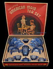 Akro Agate RARE Cobalt Concentric Ring No. 3450 21 Piece Tea Set Complete Boxed