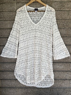 Elif For Jordan Taylor Womens Long Sleeves V Neck Cover Up Dress White Lace Sz L