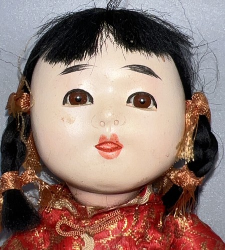 Vintage Ichimatsu Gofun Japanese Hand Crafted Doll girl Black Hair red Kimono - Picture 3 of 10
